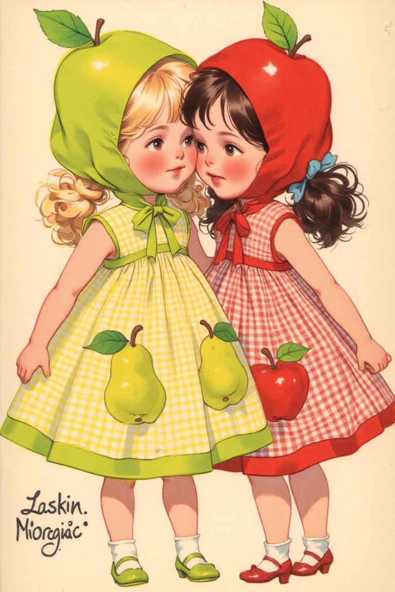 The image depicts two young girls dressed in colorful,  fruit-themed outfits. The girl on the left is wearing a green dres...