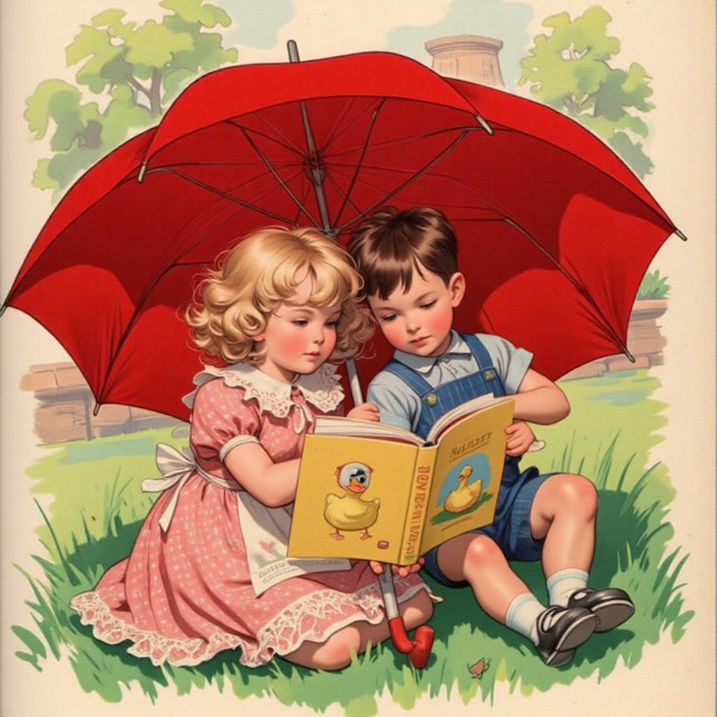 The image depicts a vintage illustration of two children sitting on the grass,  sharing a book under a red umbrella. The c...