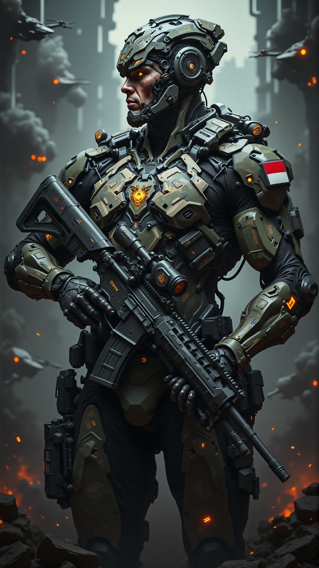 A futuristic portrait of a highly advanced cyborg soldier standing in a powerful stance,  gripping a state-of-the-art high...