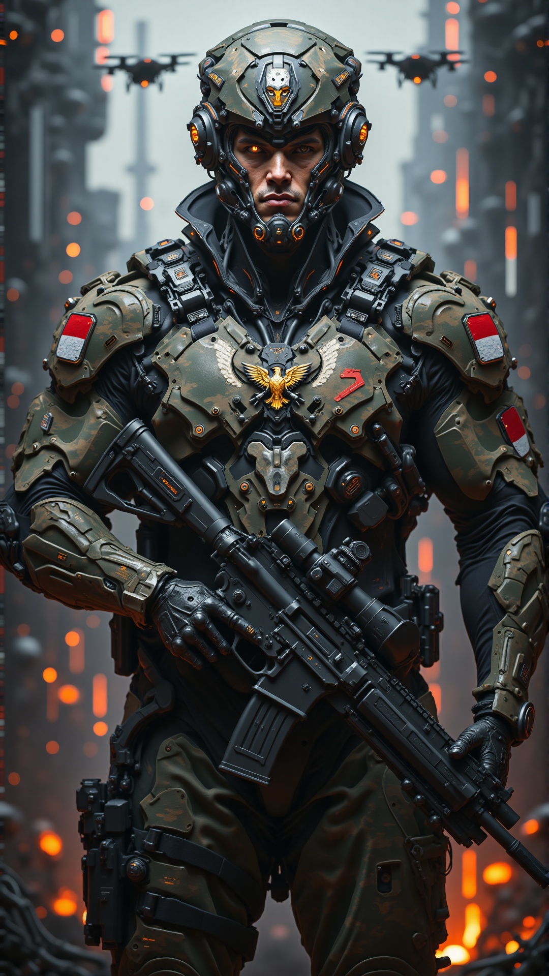 A futuristic portrait of a highly advanced cyborg soldier standing in a powerful stance,  gripping a state-of-the-art high...