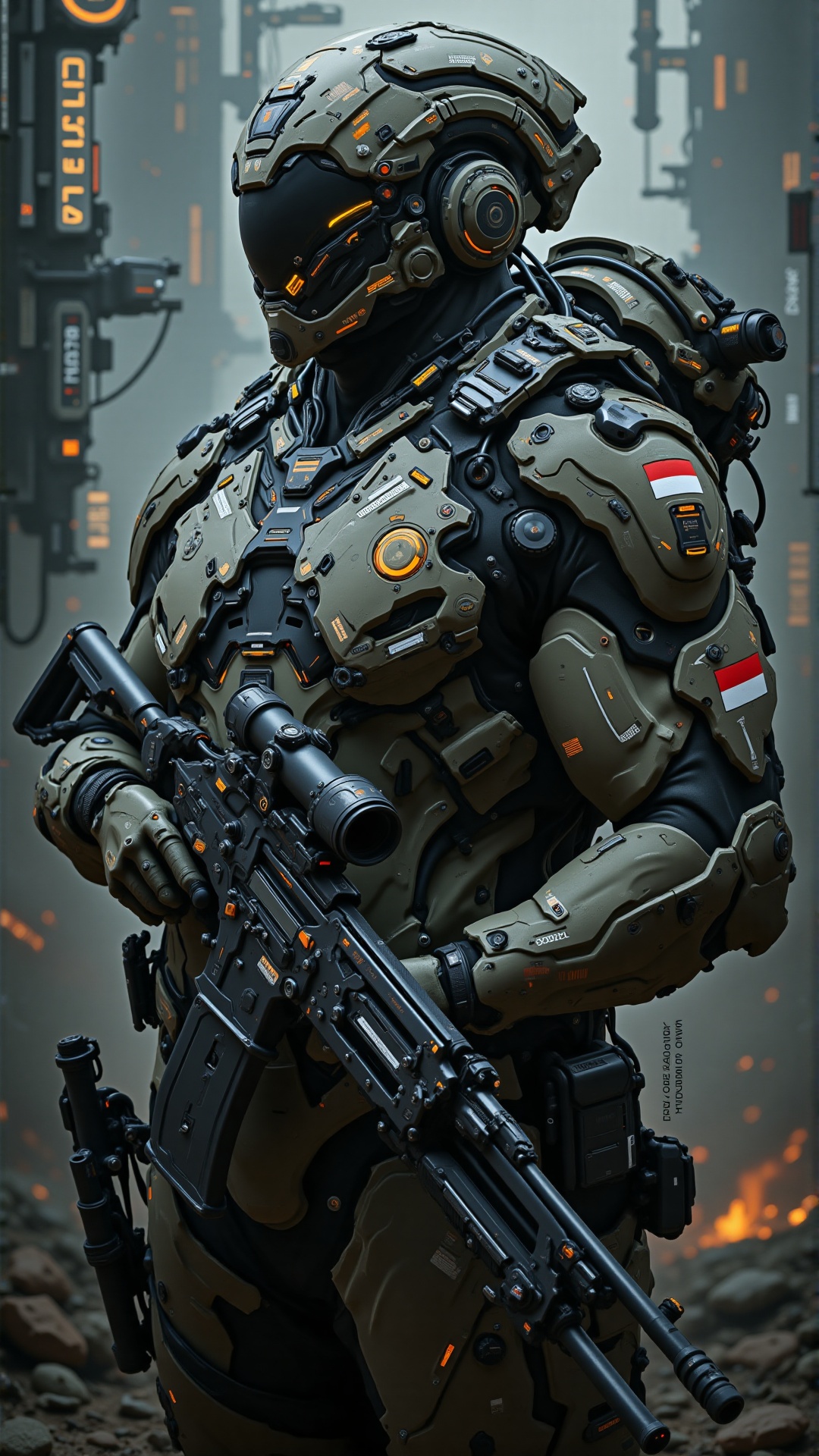 A futuristic portrait of a highly advanced cyborg soldier standing in a powerful stance,  gripping a state-of-the-art high...