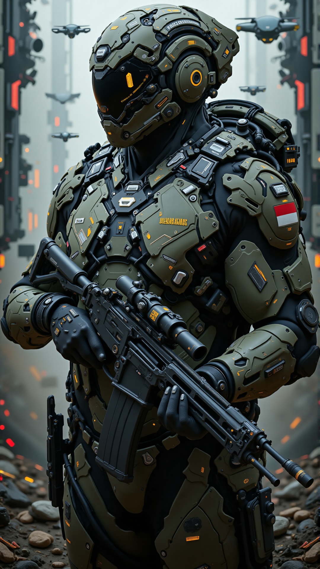 A futuristic portrait of a highly advanced cyborg soldier standing in a powerful stance,  gripping a state-of-the-art high...
