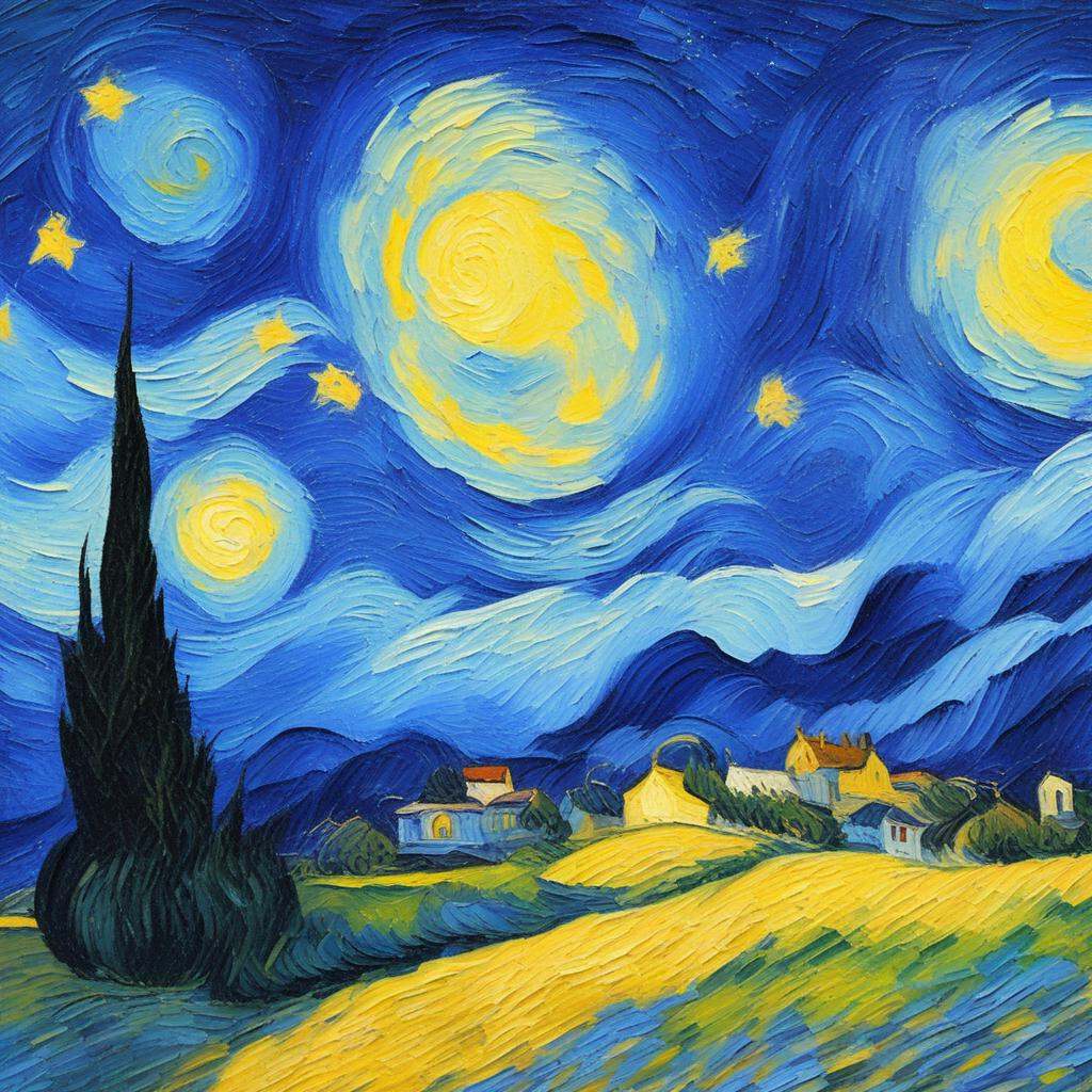 A starry night over a quiet village,  painted in the expressive post-impressionist style of Vincent van Gogh. The sky is f...