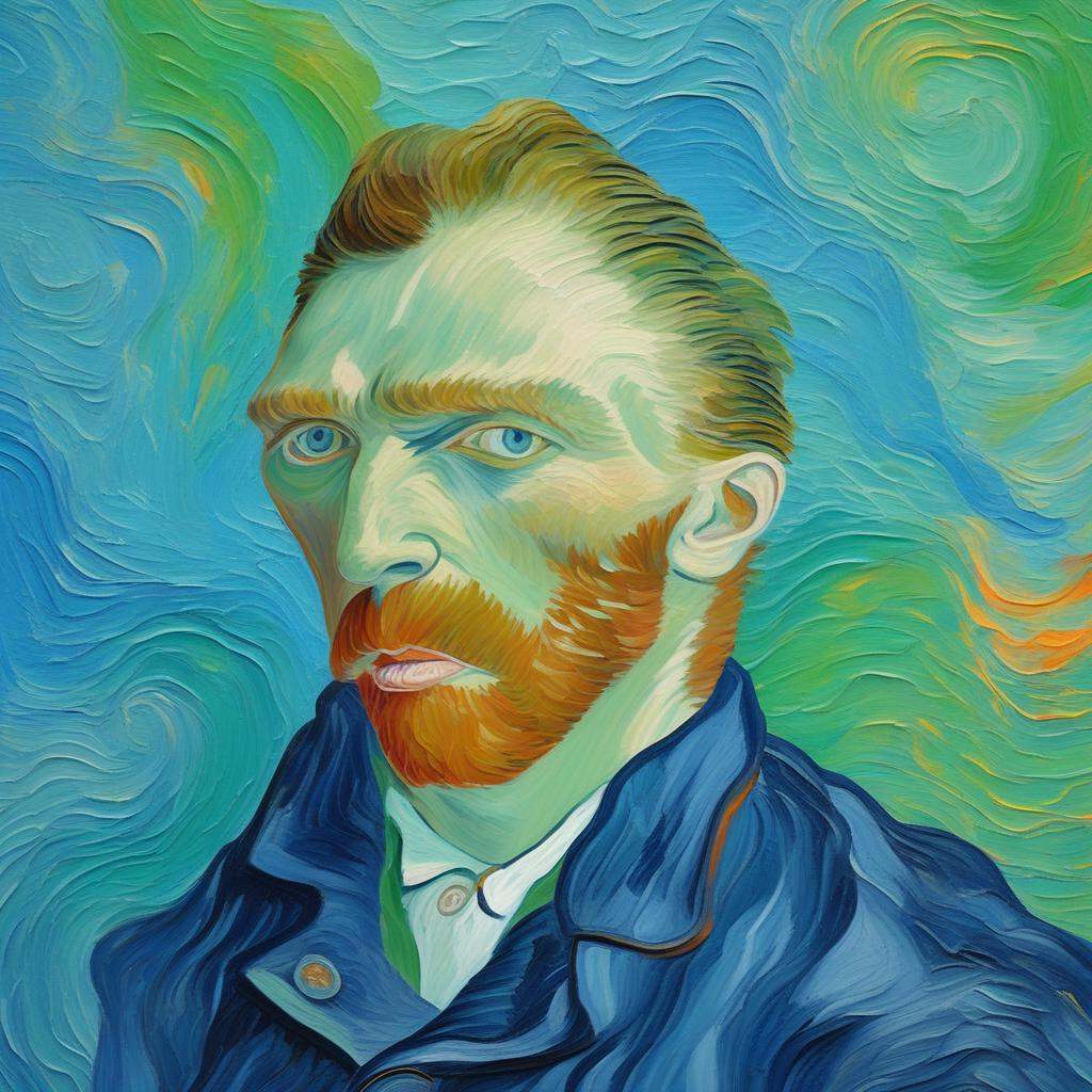 A self-portrait of a man with an intense gaze,  painted in thick swirling brushstrokes inspired by Vincent van Gogh’s sign...