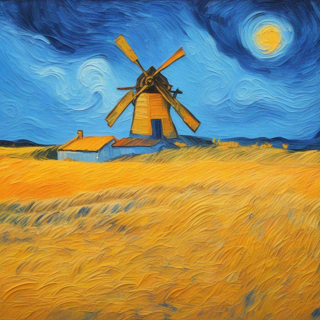 An old windmill under a swirling twilight sky,  painted in the bold and textured brushstroke style of Vincent van Gogh. Th...