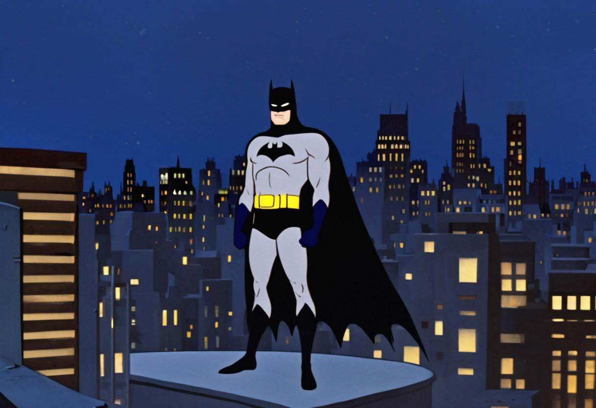brooding yet heroic figure in a classic blue and gray costume with a bold yellow utility belt,  standing atop a Gotham Cit...