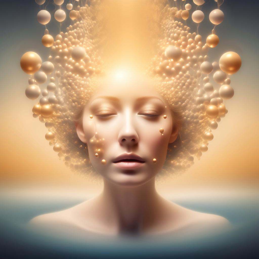 mesmerizing surreal portrait of a woman,  her face and body deconstructed into a floating array of luminous spheres,  susp...