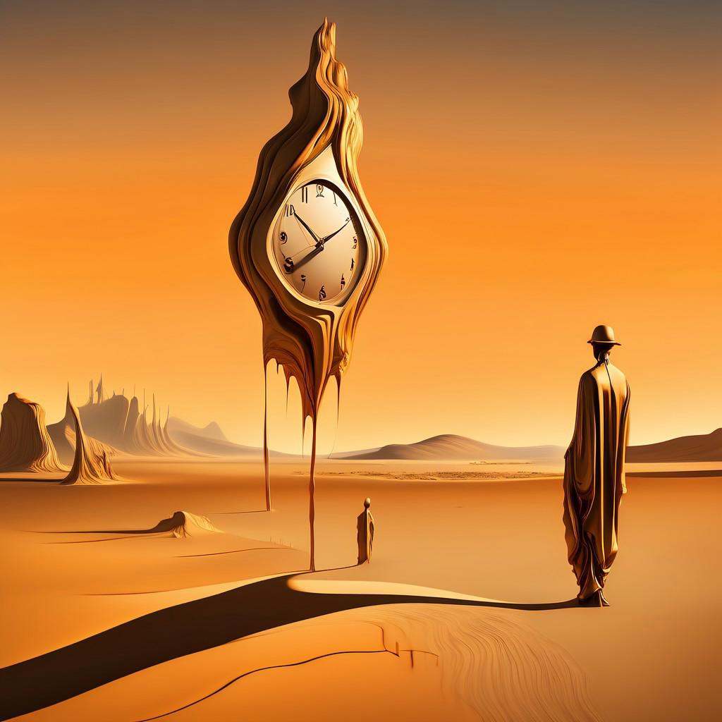vast dreamlike desert at twilight,  with massive melted clocks draped over twisted trees and jagged rocks. The clocks ooze...