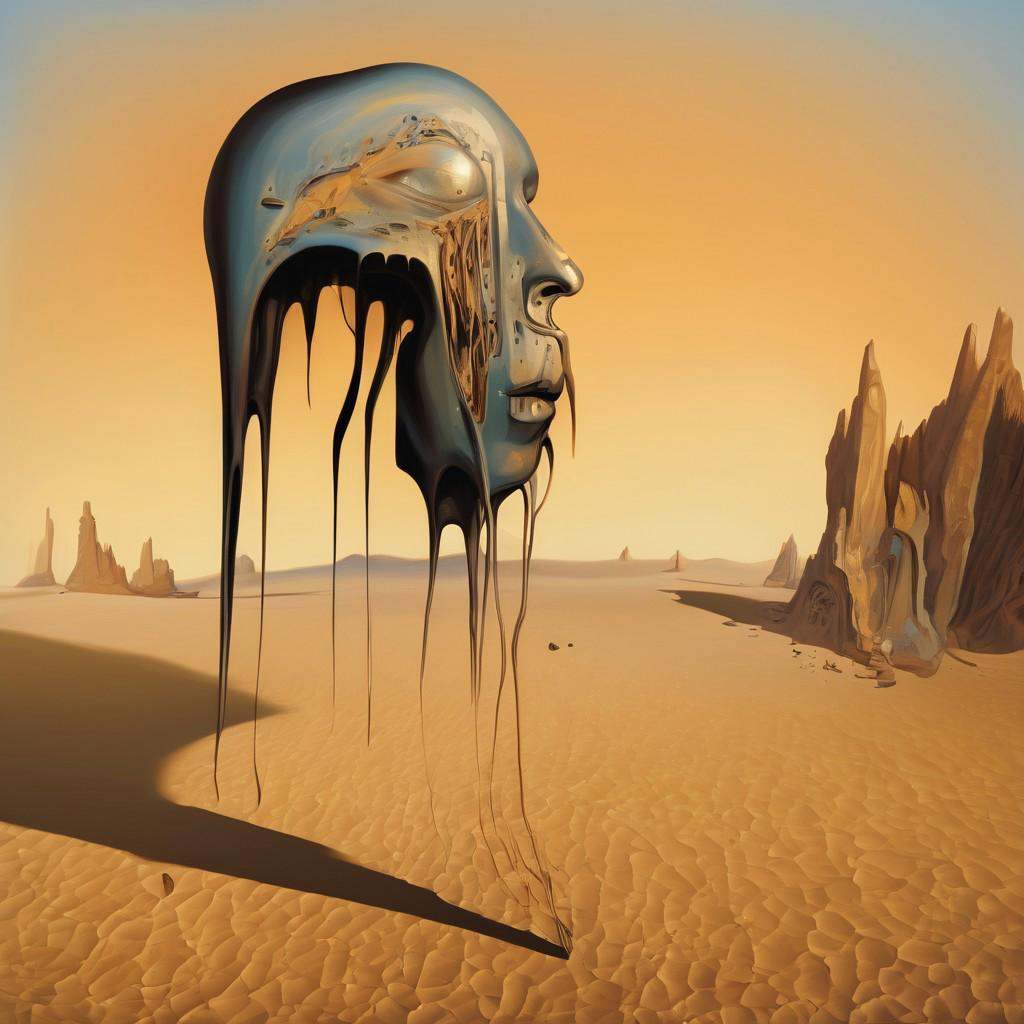 surreal,  elongated,  and distorted human face melting into the barren landscape on Tensor.Art
