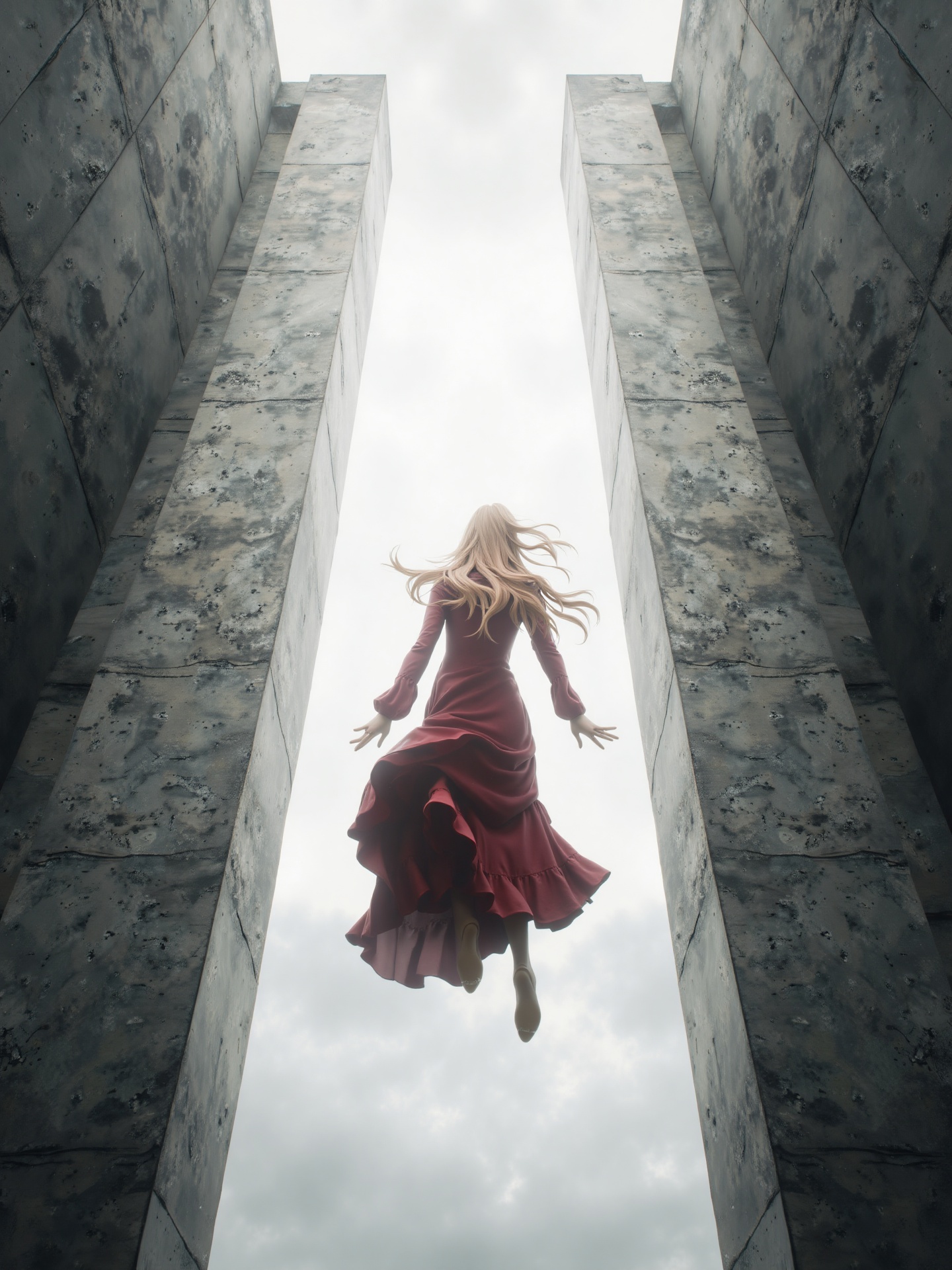 The image depicts a person floating in mid-air between two large,  vertical structures that appear to be made of stone or...