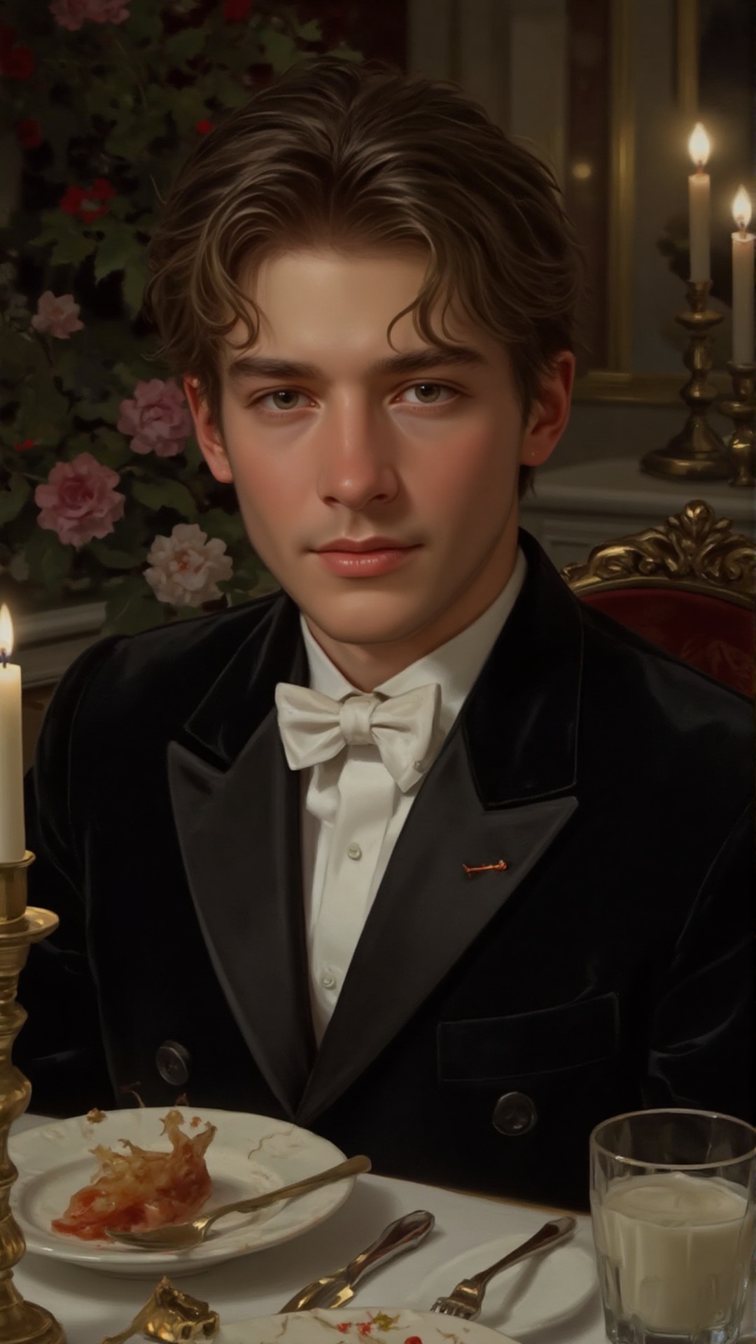 A romantic and elegant portrait of a young man seated at a lavishly set dinner table,  rendered in a painterly and classic...
