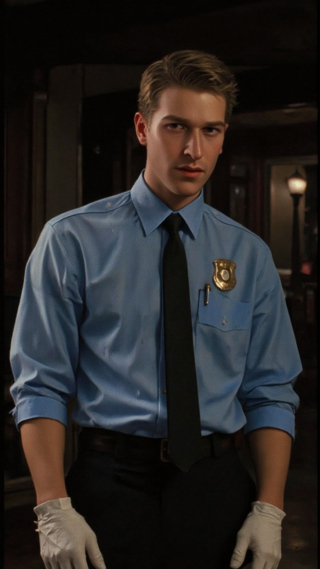 A young slim policeman investigating. Wearing 90s police uniform: rich light blue rolled up sleeves shirts,  black ties,...