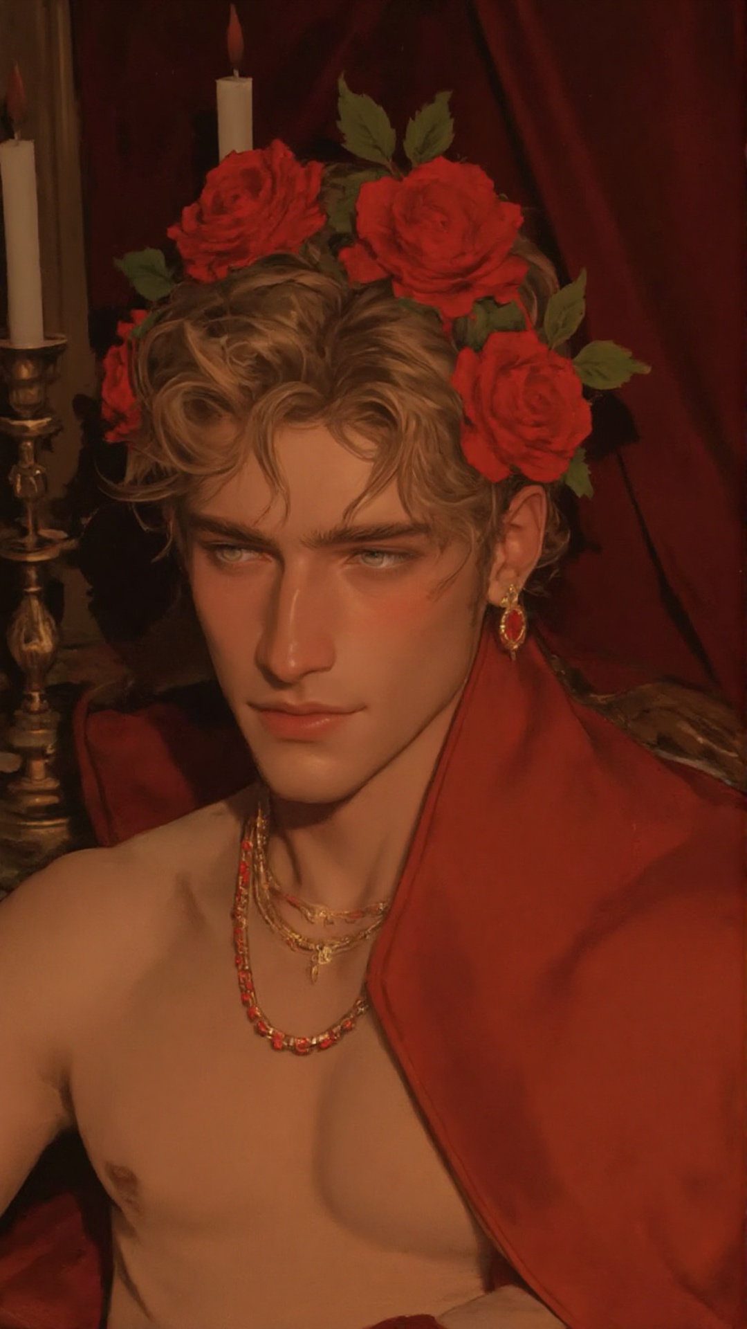 a young man with curly blonde hair adorned with red roses and green leaves. He is wearing a red garment that drapes over h...