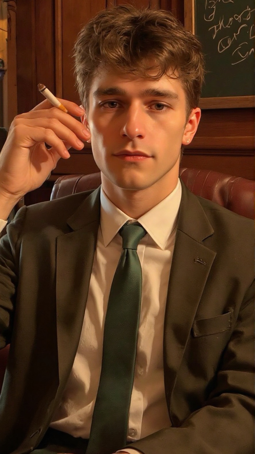 A person sitting in what appears to be a relaxed indoor setting. The individual is dressed in a formal outfit consisting o...