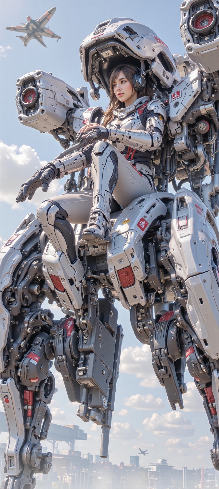 The camera angle view is from a low angle,  looking up at the subject,  which emphasizes the size and power of the mech on...