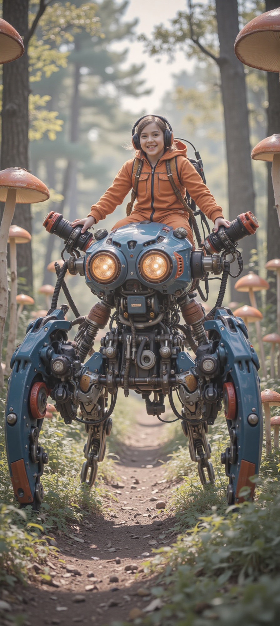 side view of a large futuristic robot standing in the middle of a dense forest of giant mushrooms. The robot has a solid a...