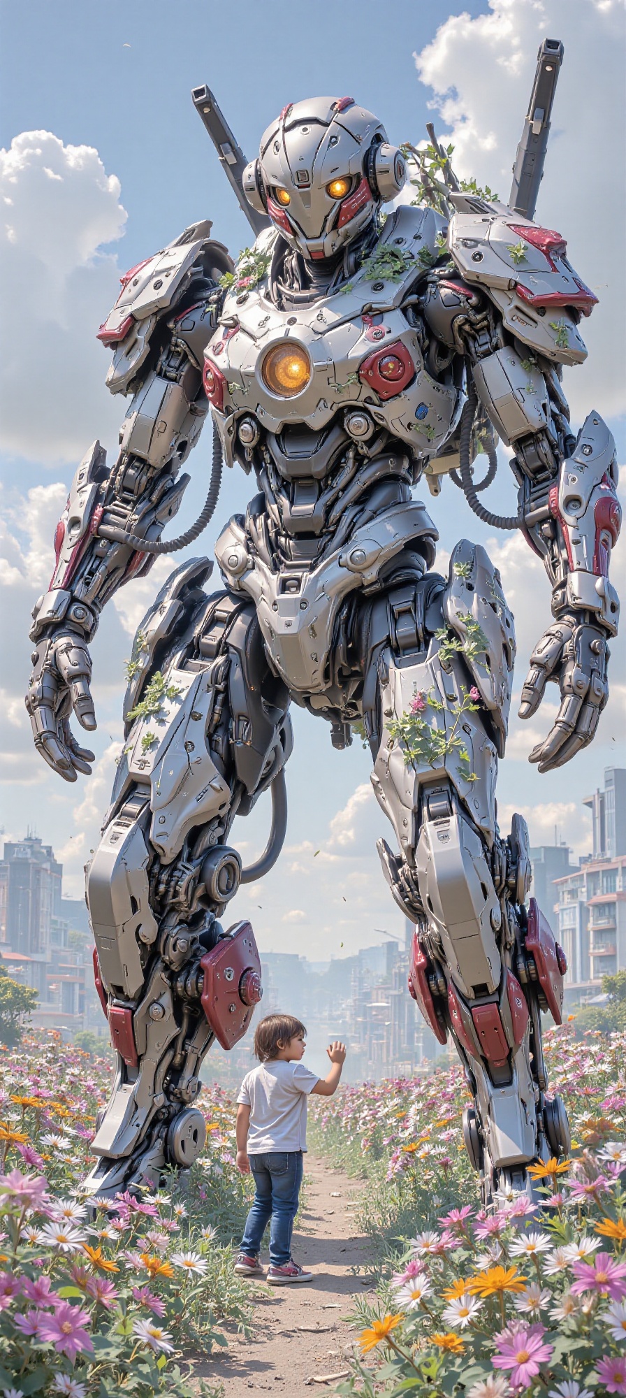 an image of a large futuristic robot standing in the middle of a colorful flower-filled meadow. The robot has a solid and...