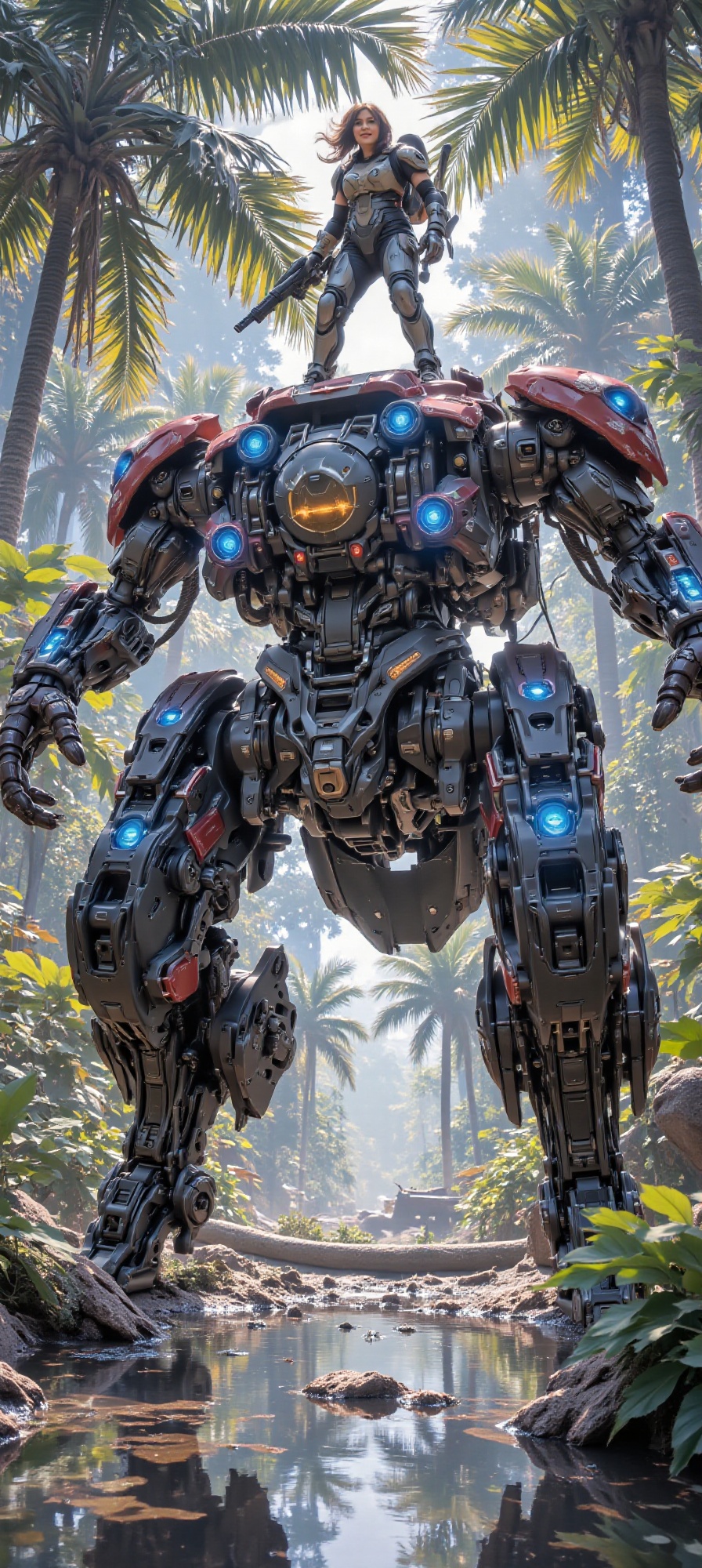 an image of a large futuristic robot standing in the middle of a dense tropical forest. The robot has a solid and robust s...