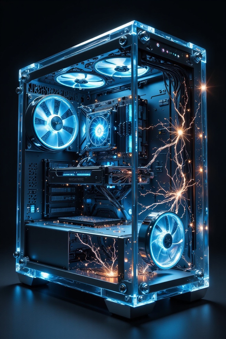 A gaming PC is made of clear glass showing the device in it and the sparkle of the circuit light from the electricity,  Gl...