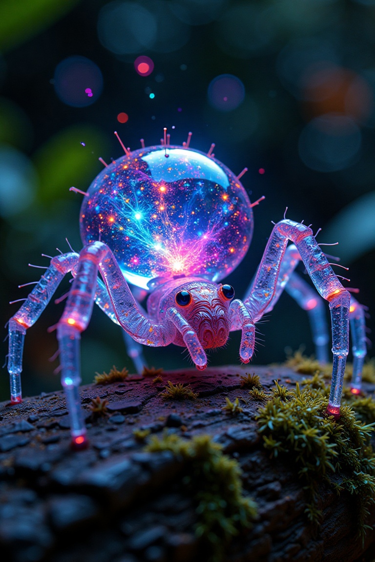 A macro shot of a transparent neon glass crystal spider,  hairless with 8 legs,  glowing internally with a multicolored fl...