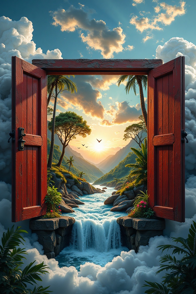 A digitally manipulated photograph of a surreal,  dreamlike sky with an open window in the middle. The window is framed by...