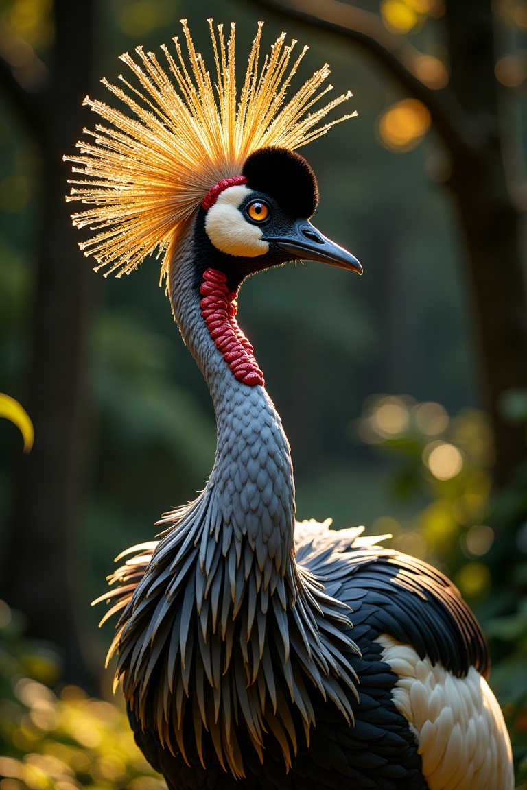 A majestic crowned crane stands tall in a regal pose,  its golden crown and feathers gleaming under the soft,  warm light....