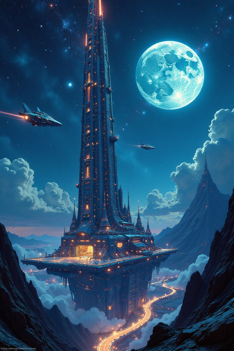 A captivating night scene illustration featuring a high tech and futuristic grand space elevator rising from a great futur...