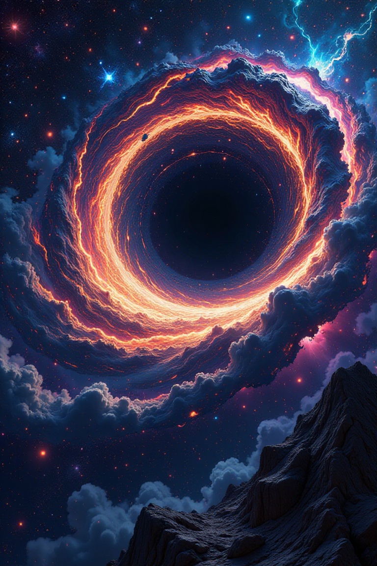 Create a vibrant illistration breathtaking scene of outer space featuring the vast blackness of the cosmos,  In the center...