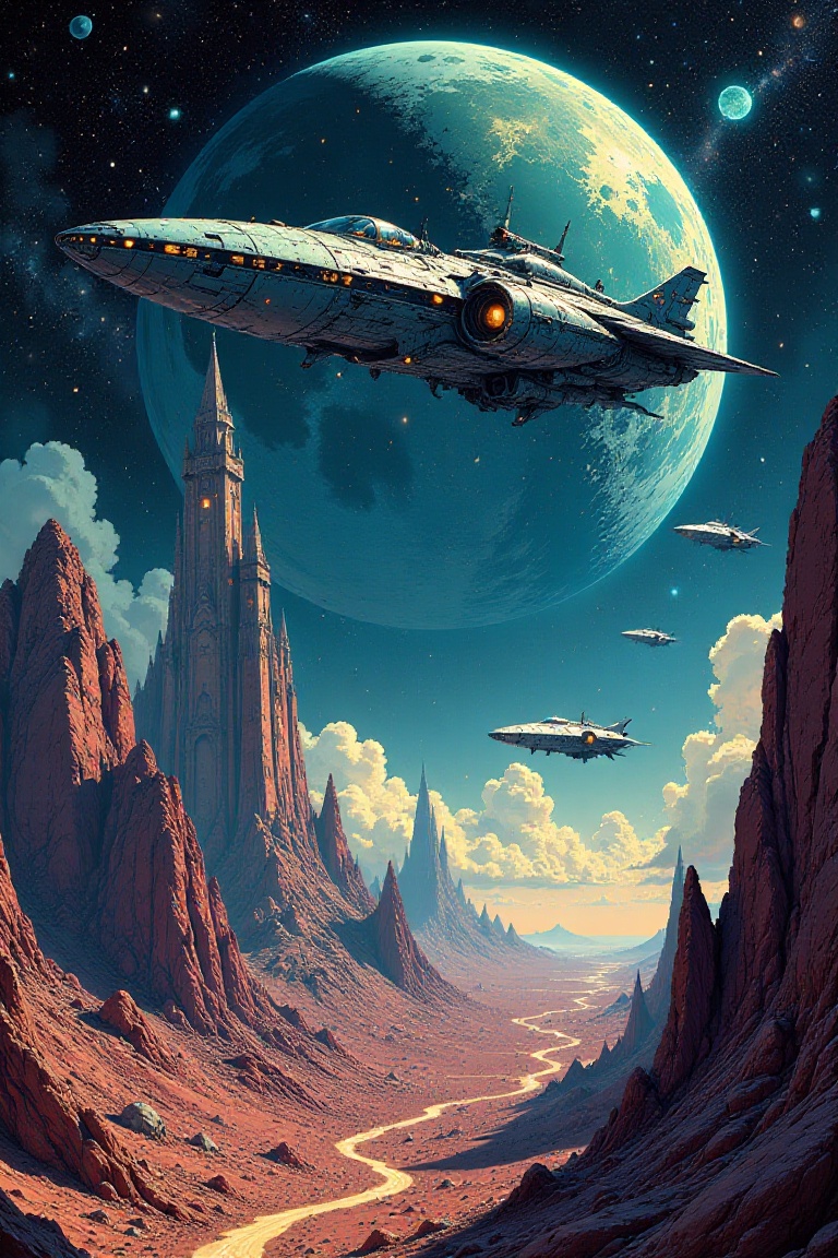 Sci-fi fantasy illustration of futuristic spaceships in the style of Vincent Di Fate,  aetheria on Tensor.Art