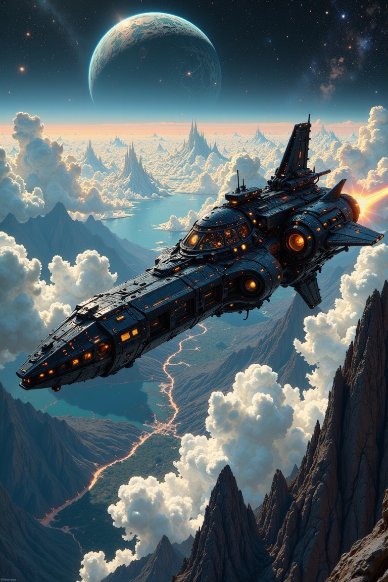 "ultra-detailed graphic novel illustration of a fantasy landscape,  aerial view of a scenery,  alien space-base-flying-sau...