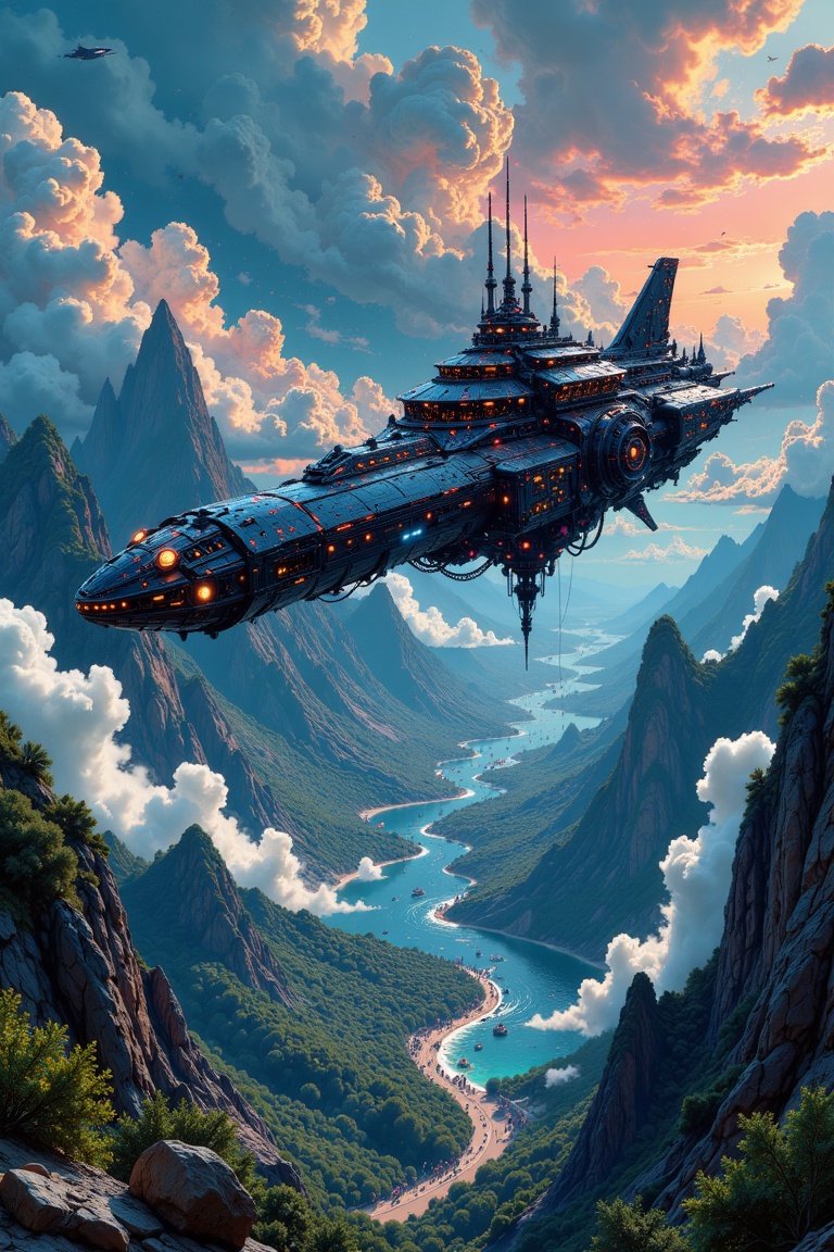 ultra-detailed graphic novel illustration of a fantasy landscape,  aerial view of a scenery,  alien space-base-flying-sauc...