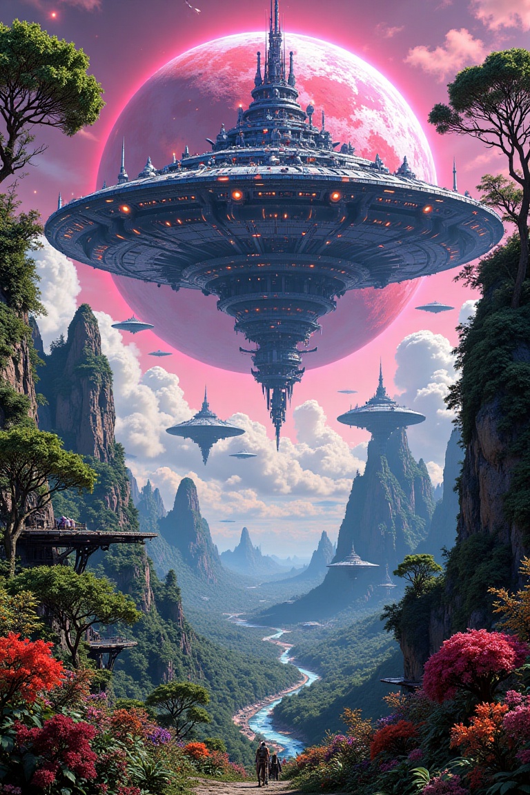 A wide shot of a majestic,  mechanized giant space station and an asteroid base floating above a lush,  jungle-covered wor...
