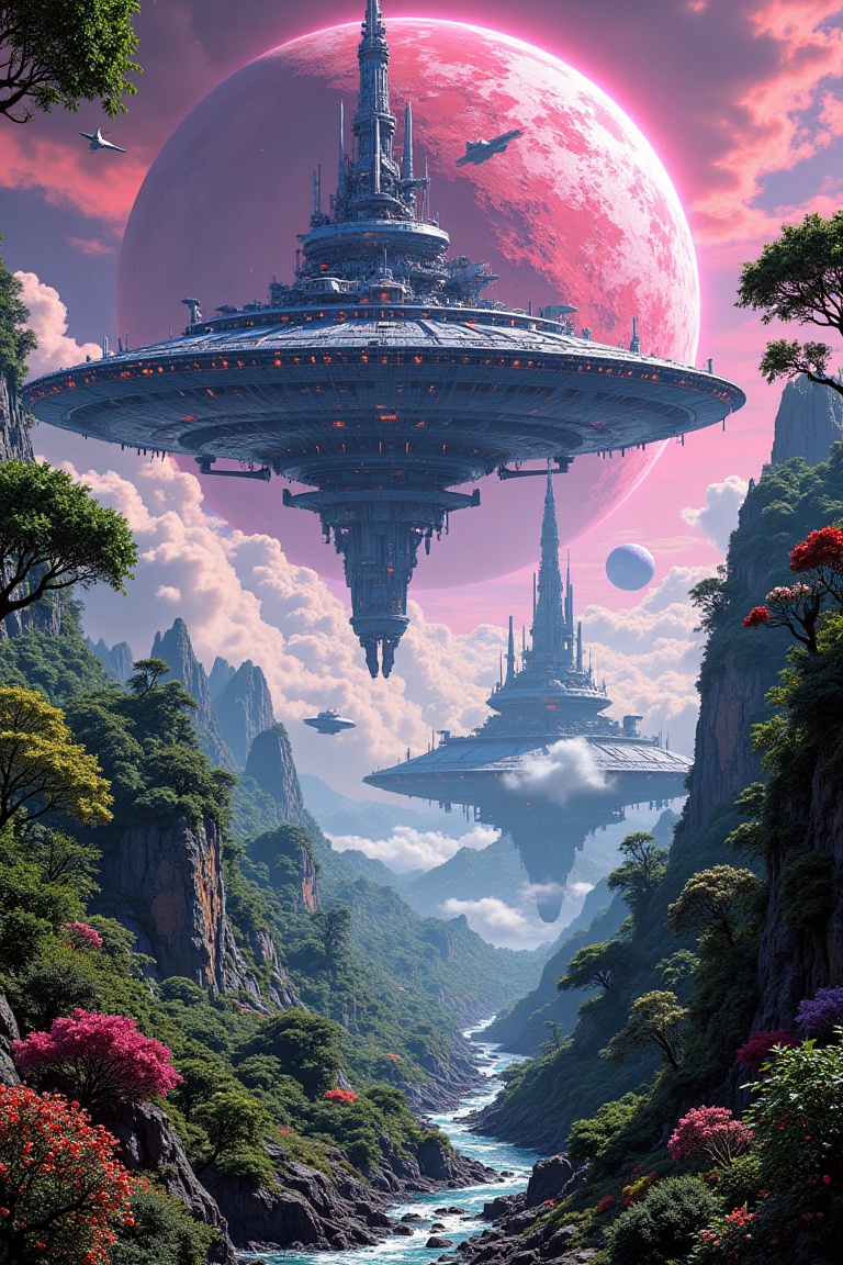 A wide shot of a majestic,  mechanized giant space station and an asteroid base floating above a lush,  jungle-covered wor...