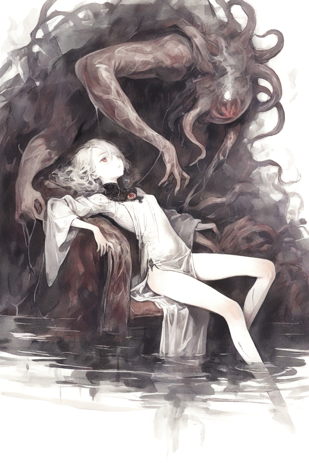 1girl,  red eyes,  white hair on Tensor.Art