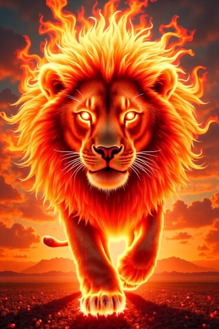 a digital artwork featuring a majestic,  stylized lion with a fiery mane. The lion is depicted as if it's running through...