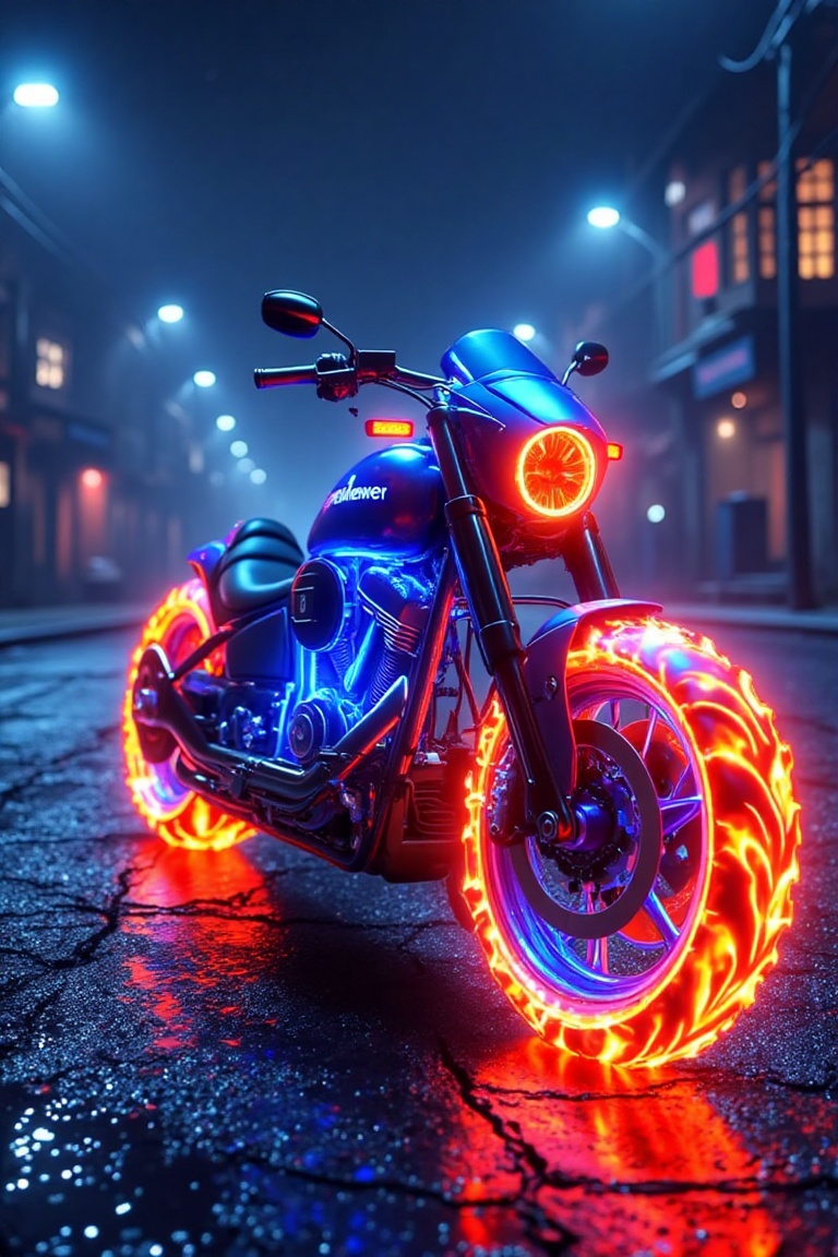 a high-resolution CGI artwork depicting a futuristic,  neon-lit motorcycle parked on a wet,  dark street. The motorcycle i...