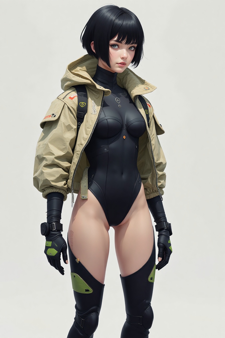 character sheet illustration in style of blcknss,  scifi short hair female model wearing scifi bodysuit,  flak jacket on T...