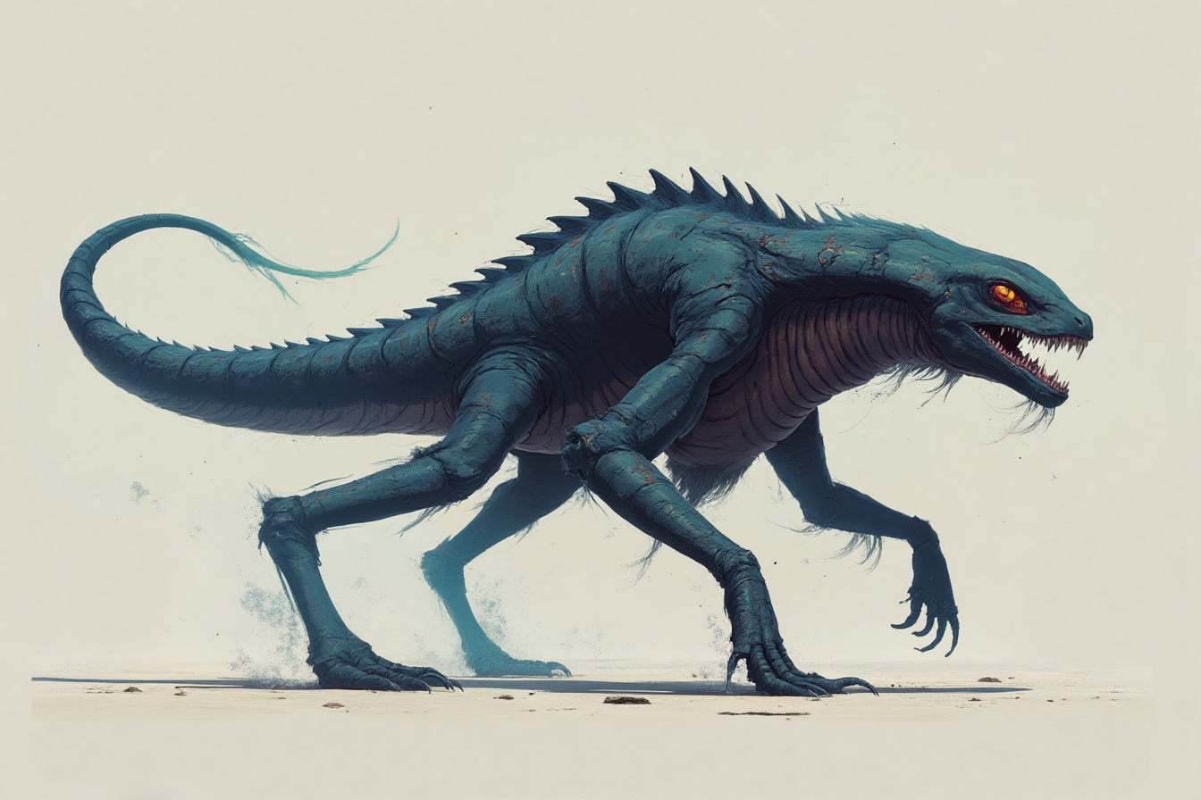 character sheet illustration in style of blcknss,  isolated on simple background,  futuristic scifi sea snake enemy on Ten...