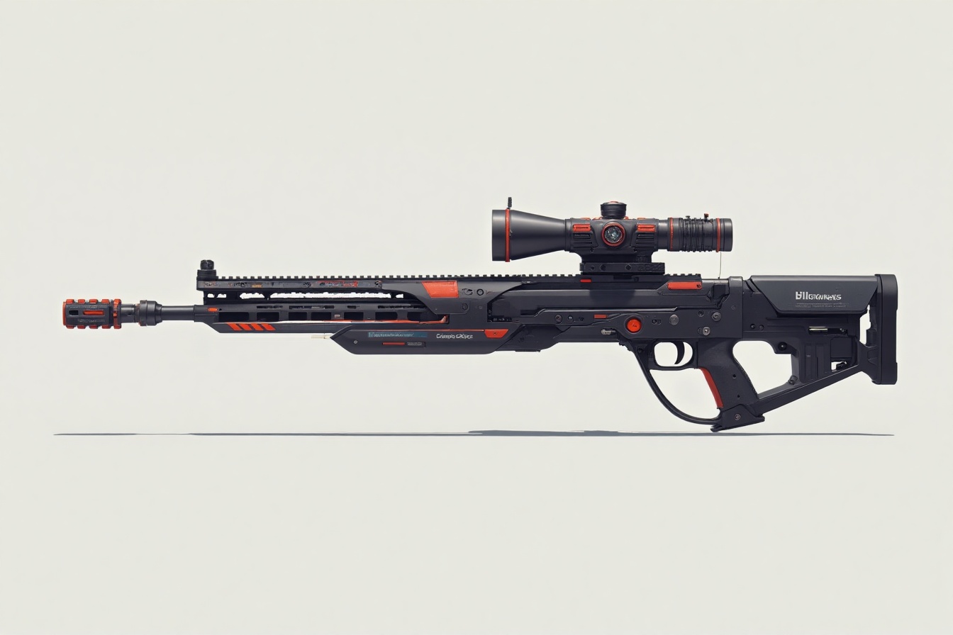 sheet prop illustration in style of blcknss,  isolated on simple background,  futuristic scifi cyberpunk sniper energy rif...