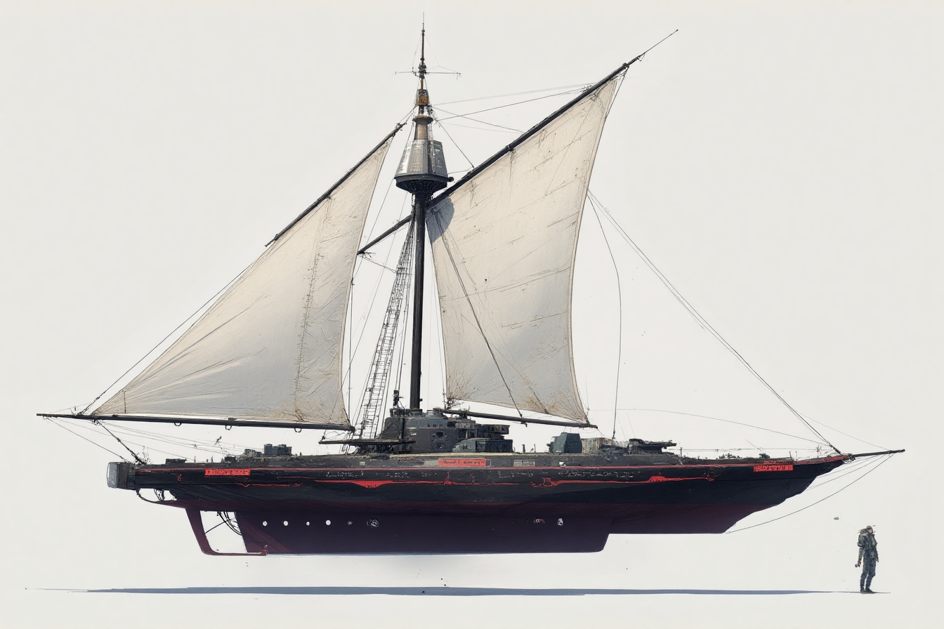 character sheet illustration in style of blcknss,  isolated on simple background,  futuristic scifi military sail ship on...