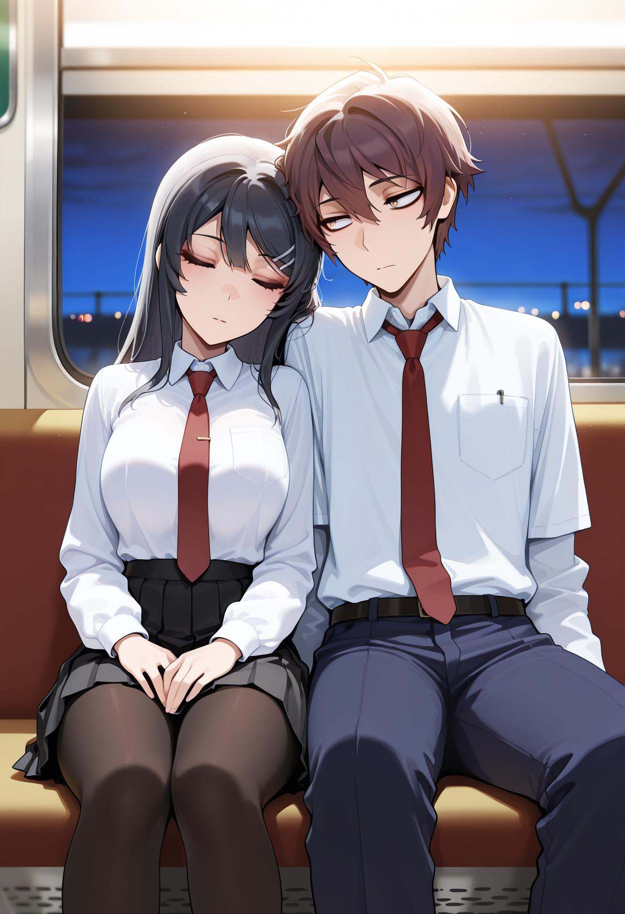 1girl,  sakurajima mai. 1boy,  azusagawa sakuta. image of a girl sleeping on the shoulder of a boy.closed eyes on Tensor.Art