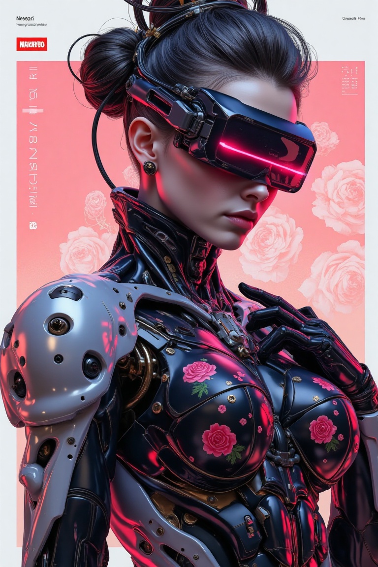 reate an image of a cyberpunk-inspired female character wearing intricate,  high-tech armor with a blend of dark metallic...