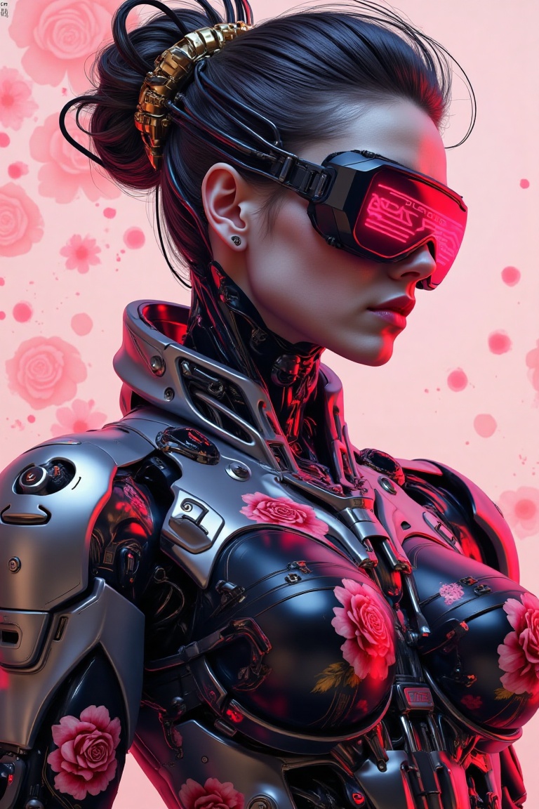 reate an image of a cyberpunk-inspired female character wearing intricate,  high-tech armor with a blend of dark metallic...