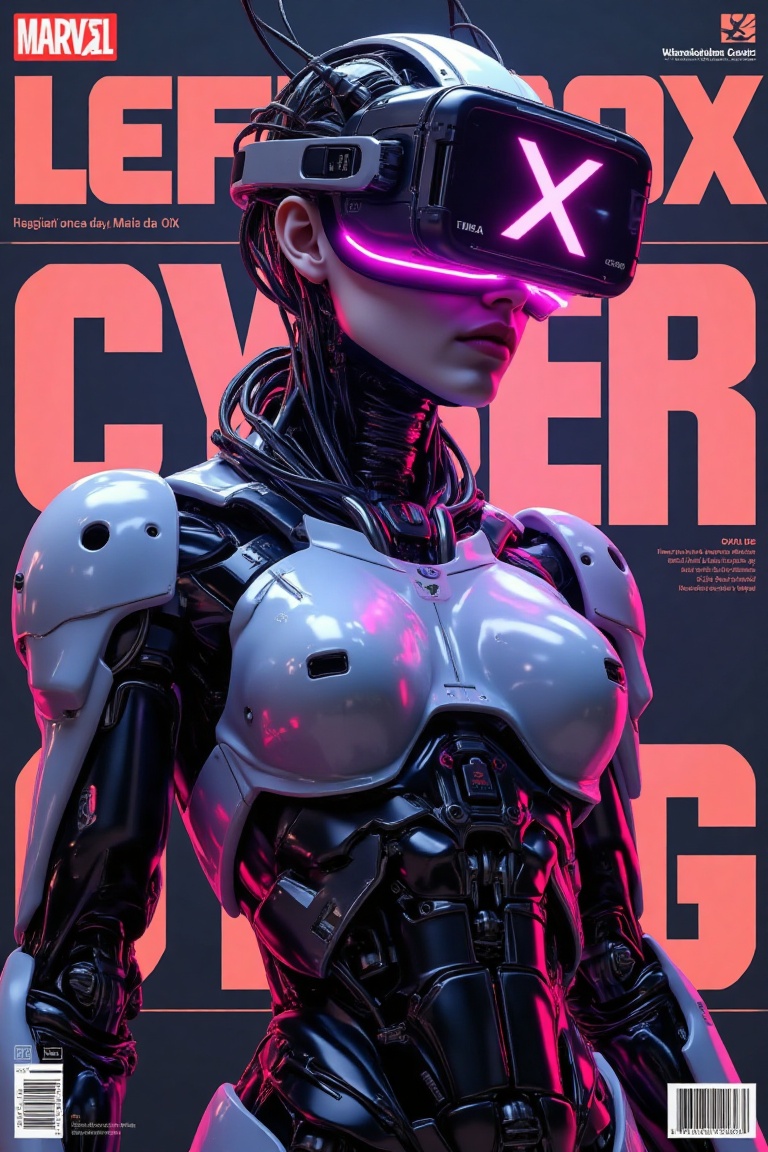 Create a highly detailed,  futuristic cyberpunk scene featuring a humanoid character wearing a sleek,  black and white bod...