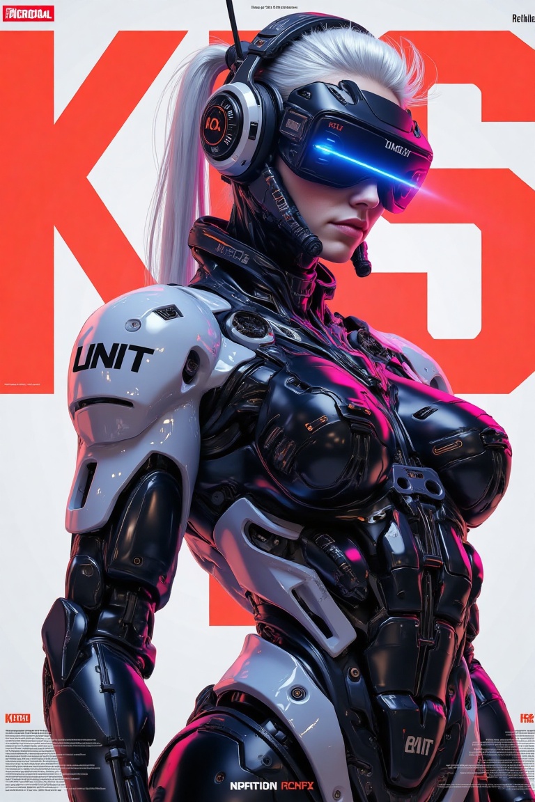 Create an image of a cyberpunk-inspired female character wearing a futuristic,  high-tech armor suit. She has white hair s...
