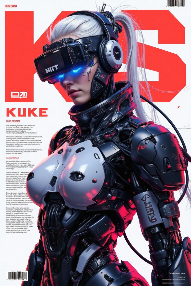 Create an image of a cyberpunk-inspired female character wearing a futuristic,  high-tech armor suit. She has white hair s...