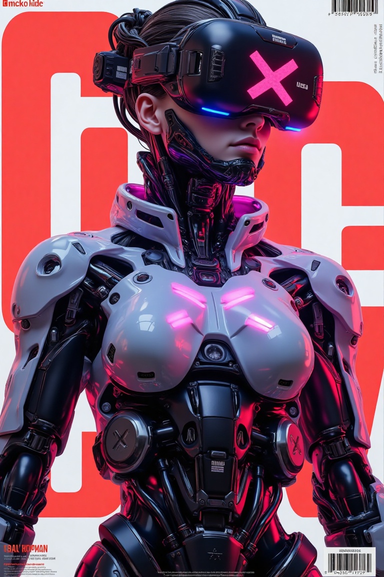 The image depicts a futuristic,  cyberpunk-inspired character,  blending human and robotic elements in a high-tech environ...