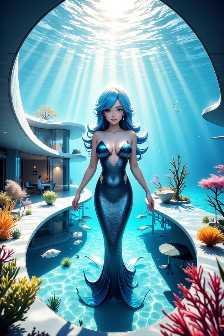 undersea,  a beautiful mermaid in front of a submarine like a modern house,  light rays shines in front of the mermaid fro...