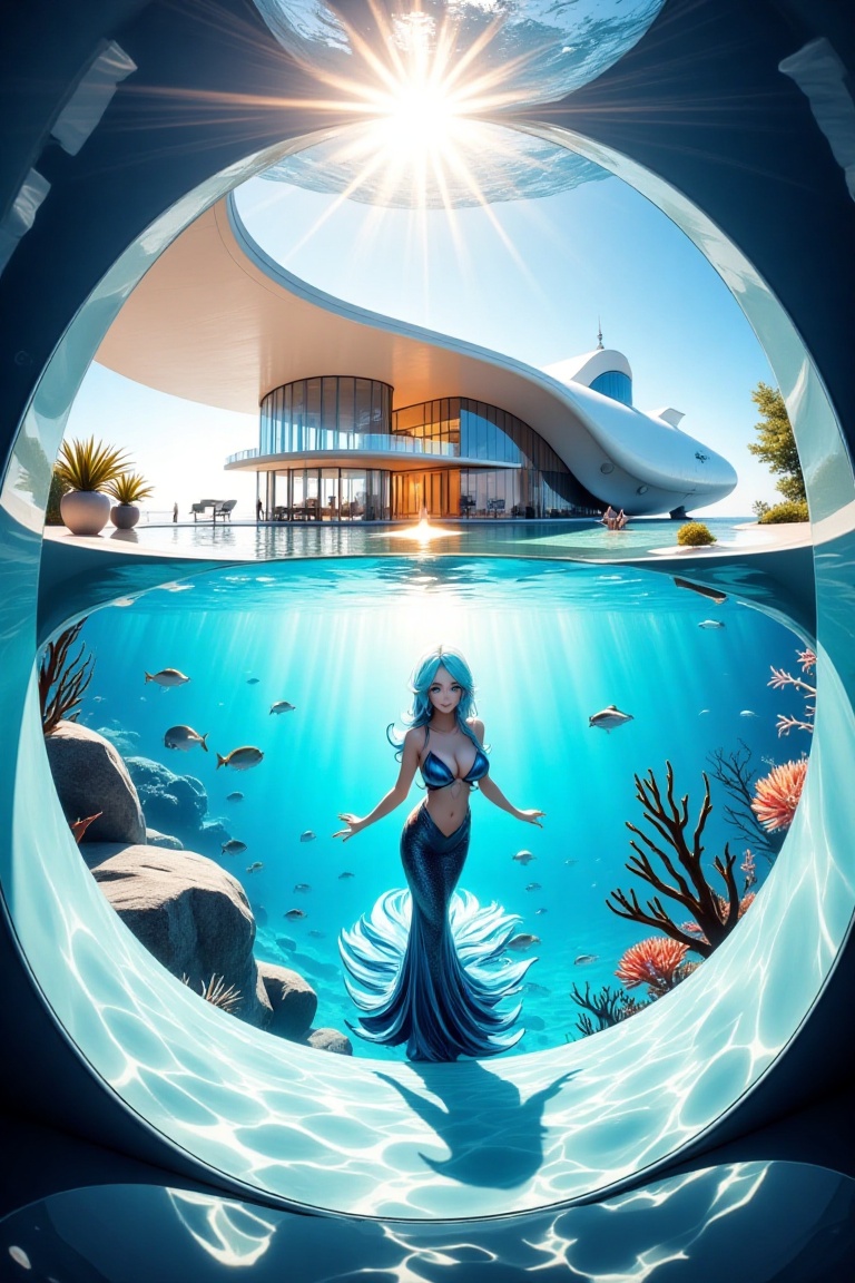 undersea,  a beautiful mermaid in front of a submarine like a modern house,  light rays shines in front of the mermaid fro...