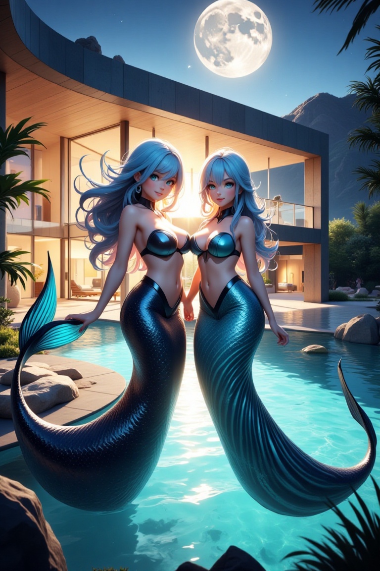 2 beautiful mermaids in front of a modern house,  light rays shines in front of them from top to bottom,  2 beautiful merm...